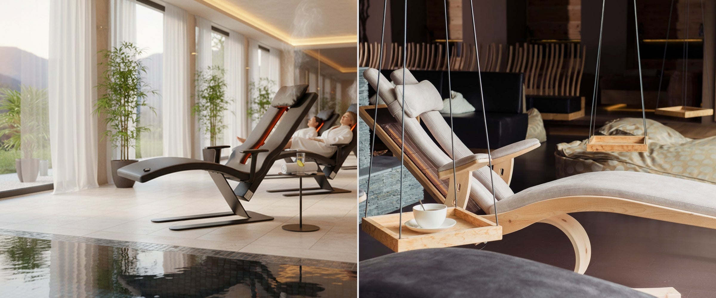 Wooden infrared lounger with natural timber surfaces for modern relaxation areas