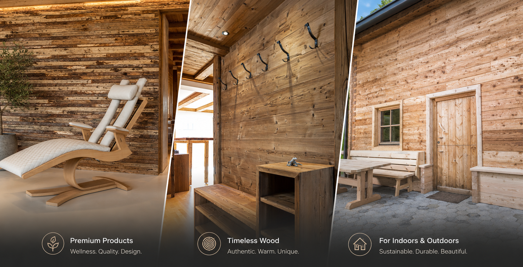 Vintage wood wall cladding, timber facade and infrared lounger by Vintage-Holz