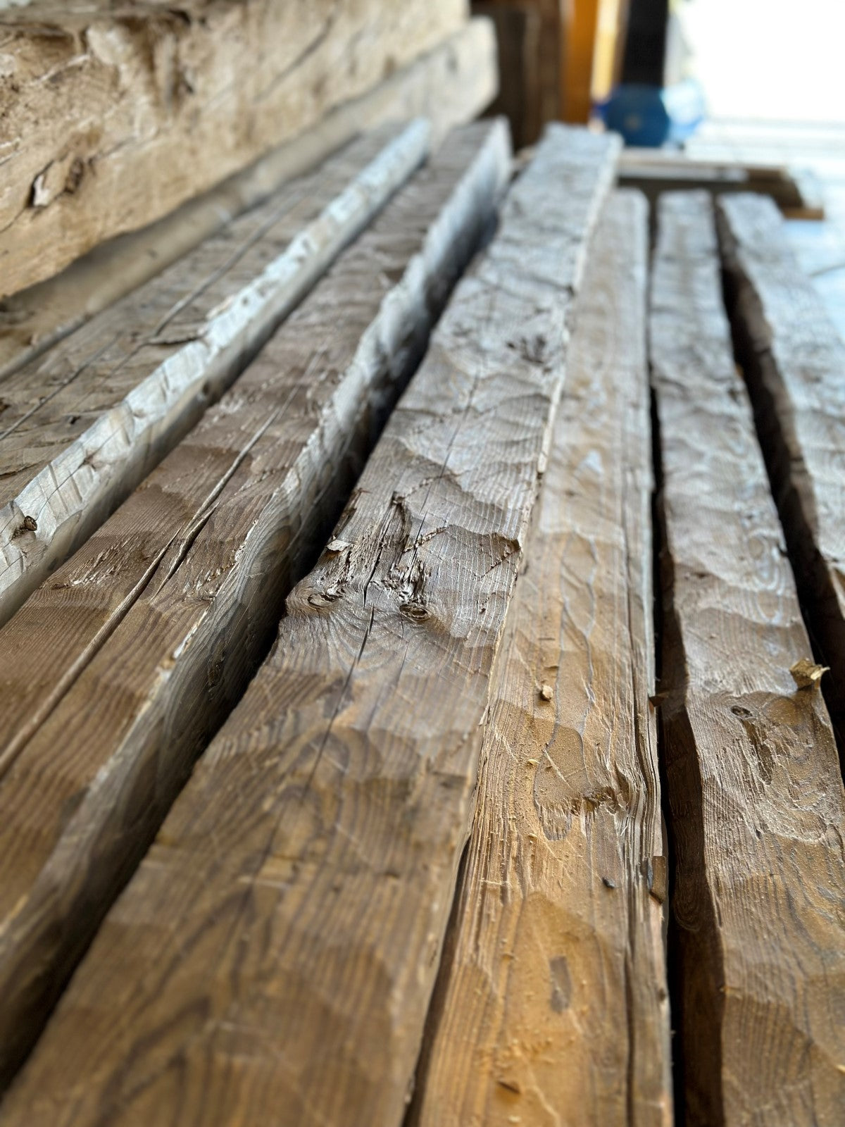 Reclaimed timber beams in larch spruce pine or fir for rustic building projects