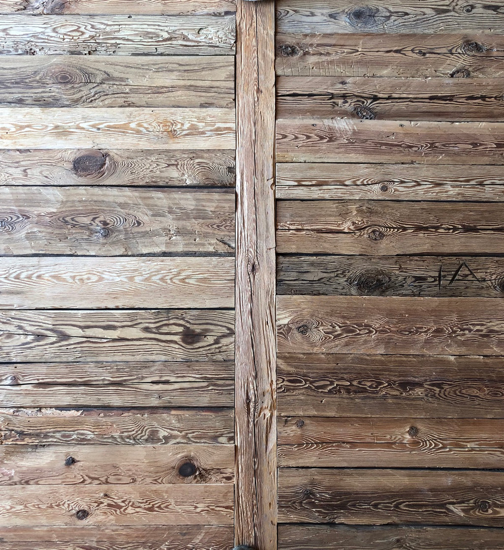 Rustic reclaimed wood boards with hand-hewn and brushed finish