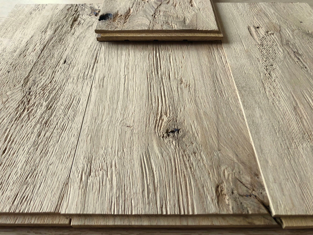 Close view of rustic oak tongue and groove boards by Vintage Holz