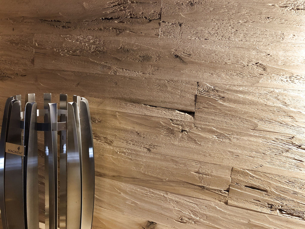 Hewn and brushed oak tongue and groove wall cladding installed as a feature wall