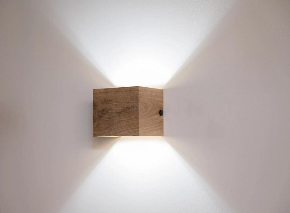 Brushed oak wood wall light with warm white LED