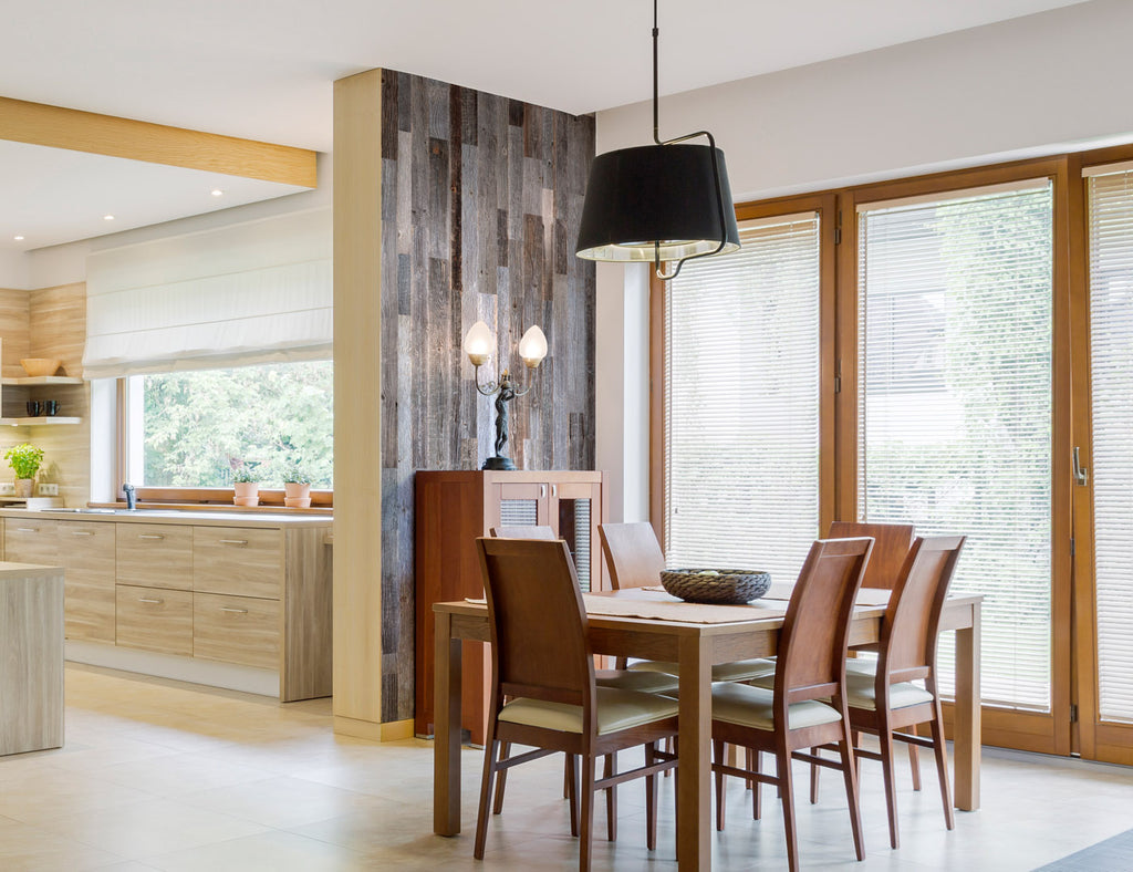 Grey reclaimed wood wall panels for natural interior design