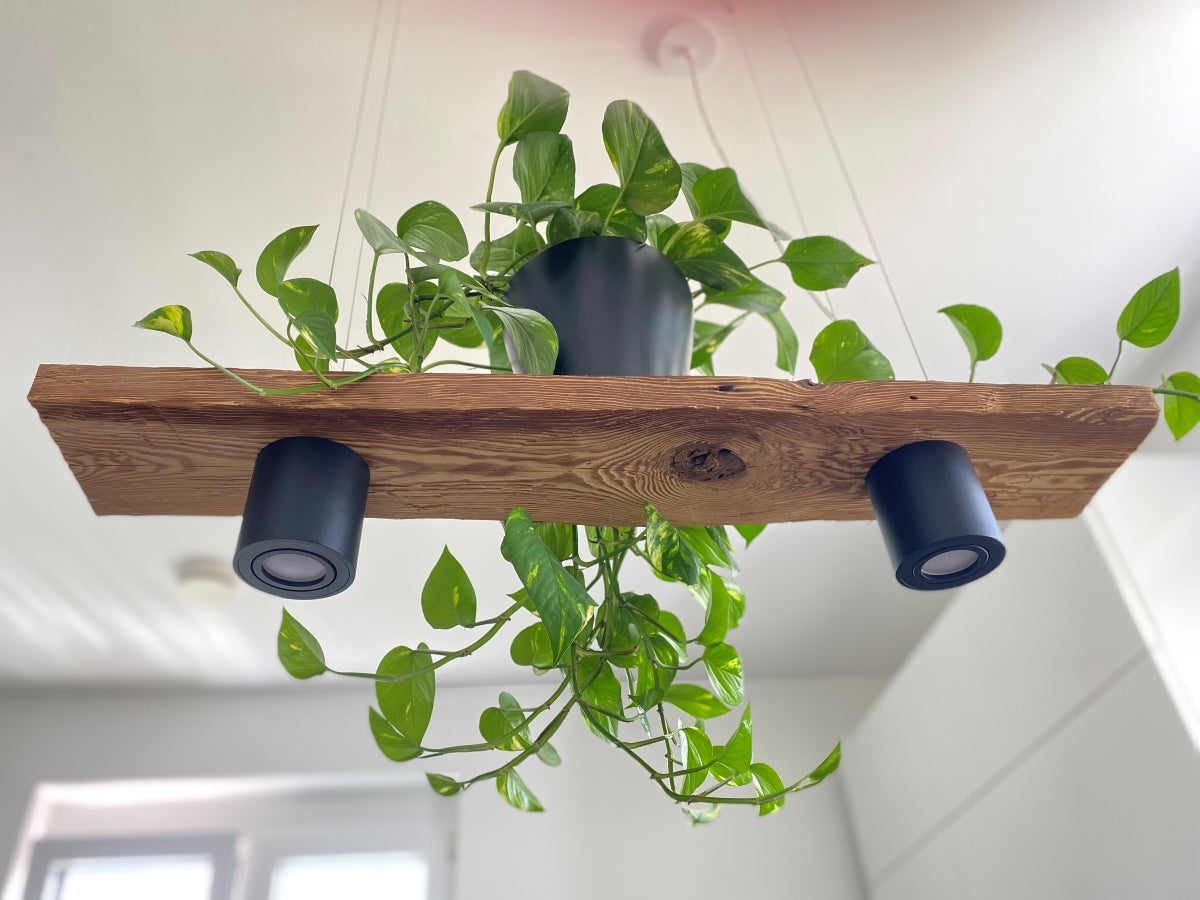 Handcrafted reclaimed wood pendant light with adjustable suspension and LED spotlights