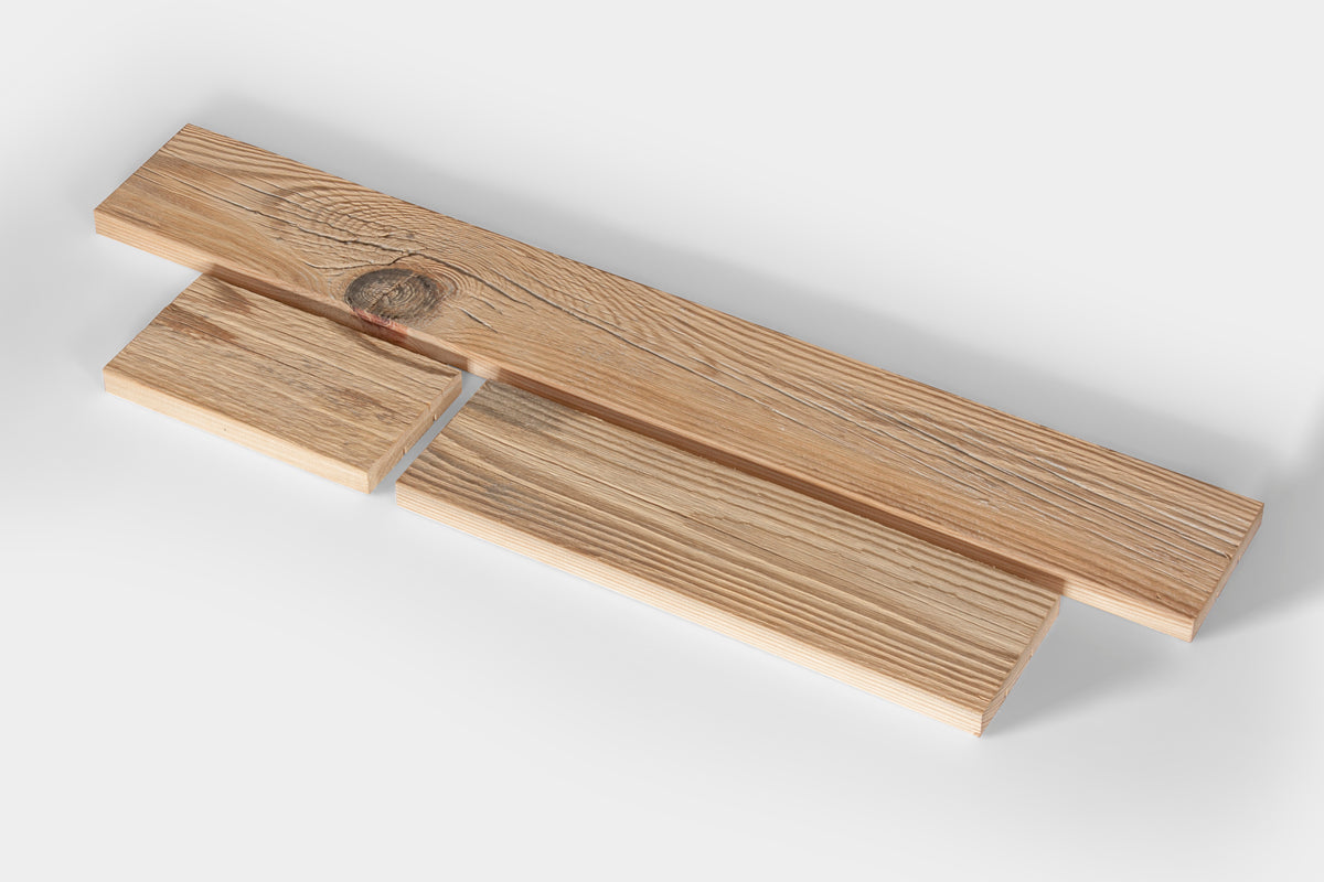 ALM L reclaimed wood wall panels with mixed 720 360 and 180 mm lengths