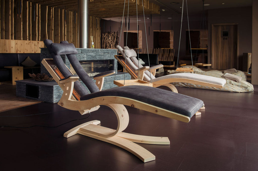 Wooden infrared lounger in a natural wood finish