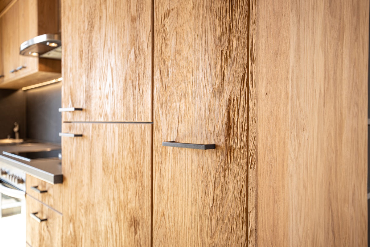 Three-layer oak panel with chopped and brushed reclaimed wood surface