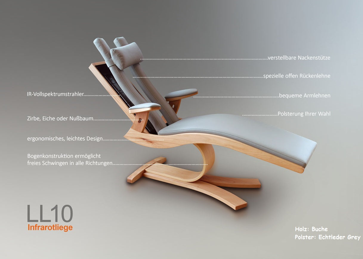 Infrared lounger with ergonomic wooden frame and upholstery