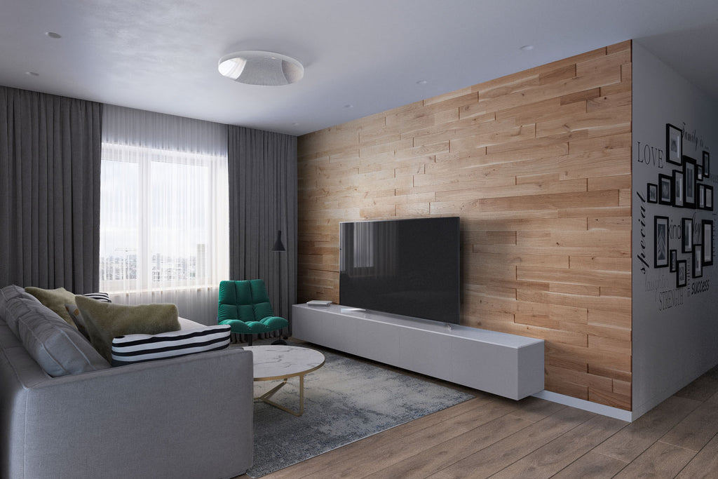 Modern interior design with solid oak wall panels