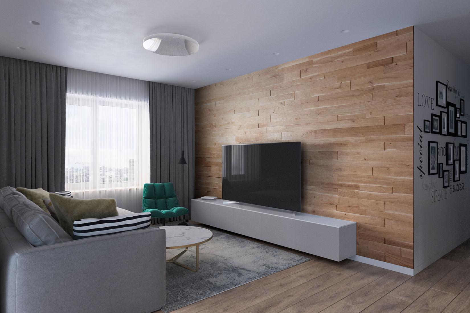 Modern interior design with solid oak wall panels