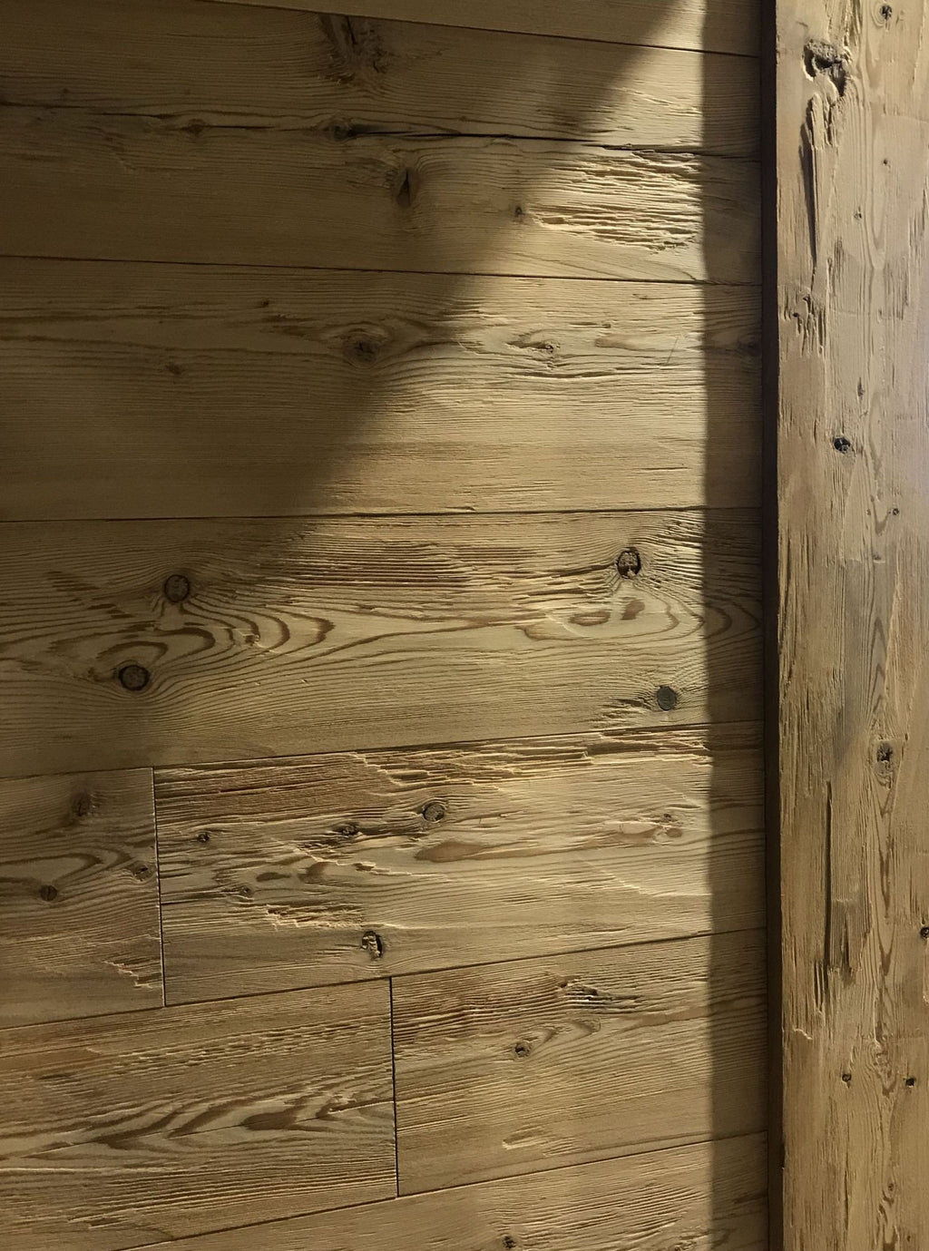 Steamed larch tongue and groove board with rustic textured surface