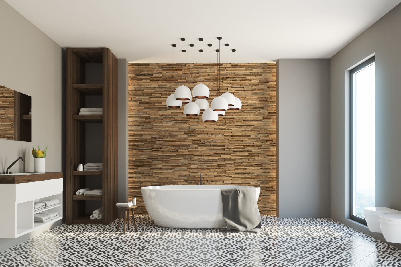 Natural interior wall design with ALM M reclaimed wood panels