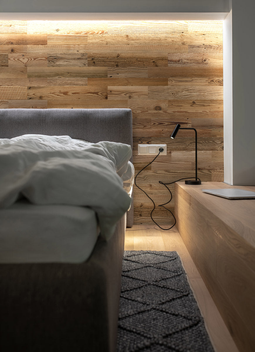 Rustic reclaimed wood wall cladding for direct adhesive installation