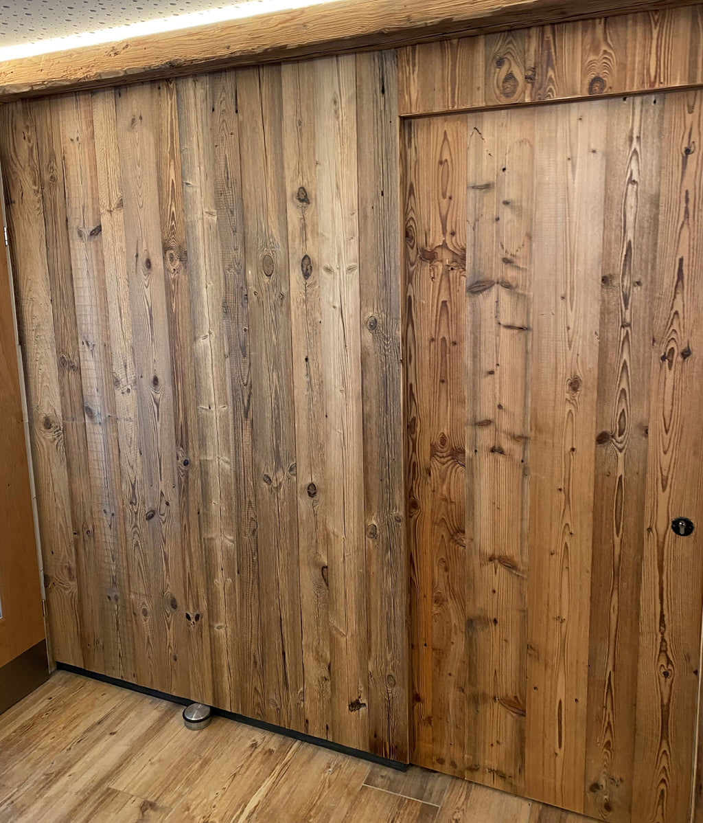Close view of sunburnt reclaimed wood with authentic weathered patina