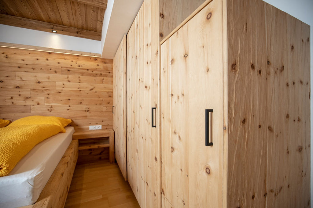 Swiss stone pine tongue and groove boards used as natural wall cladding